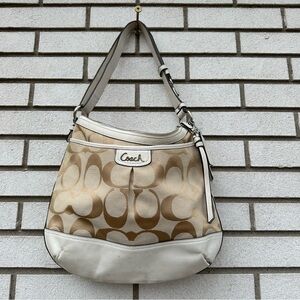 Coach Park Signature Tan Canvas White Leather Hobo Shoulder Bag Purse F19727